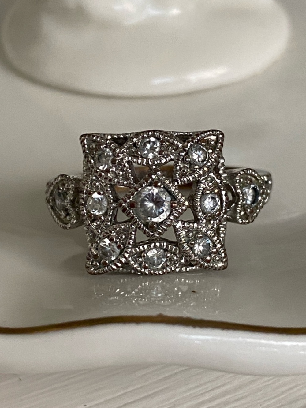 Silver Vintage Style Square Filigree Ring Floral & Crystals Marcasite Accents - Picture 9 of 16